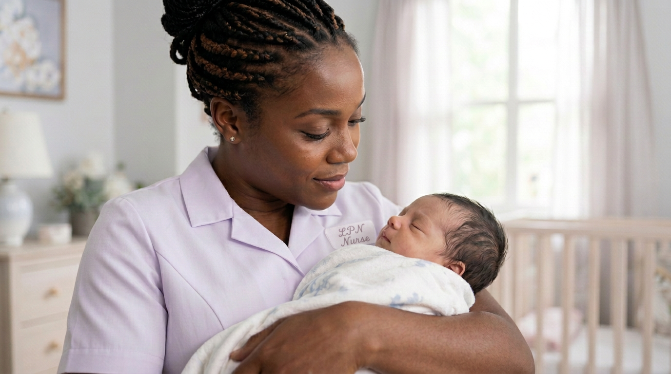A night nurse cradling a sleeping newborn in a dim night nursery