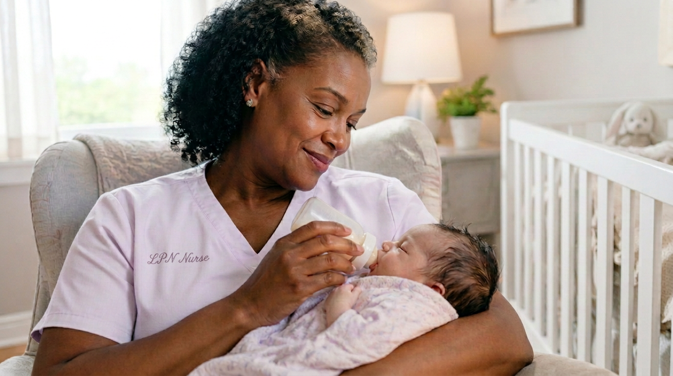 A Caribbean night nurse bottle-feeding a newborn in a softly lit night nursery