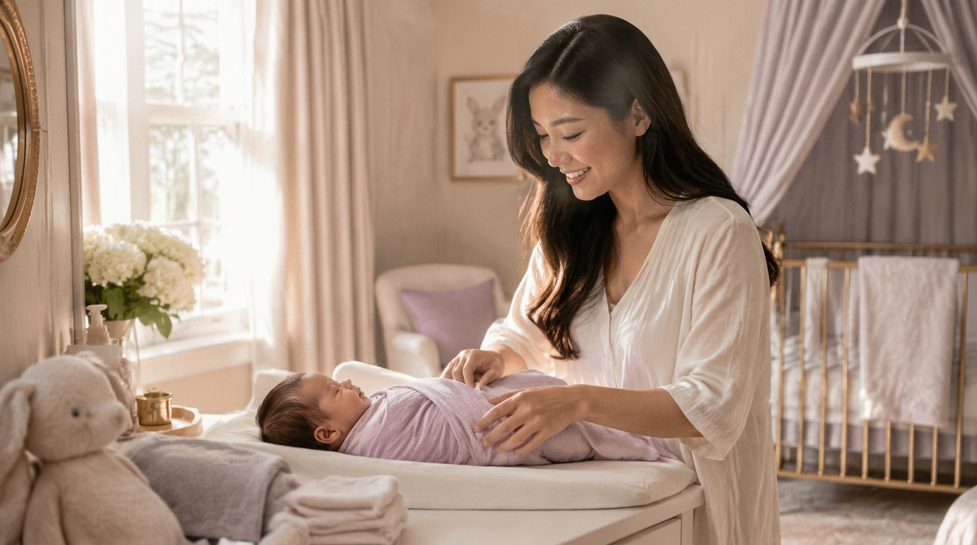 A mother swaddling her newborn in a bright, elegant nursery